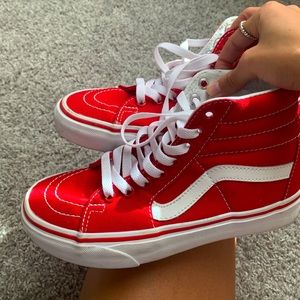 red and white high top old skool vans